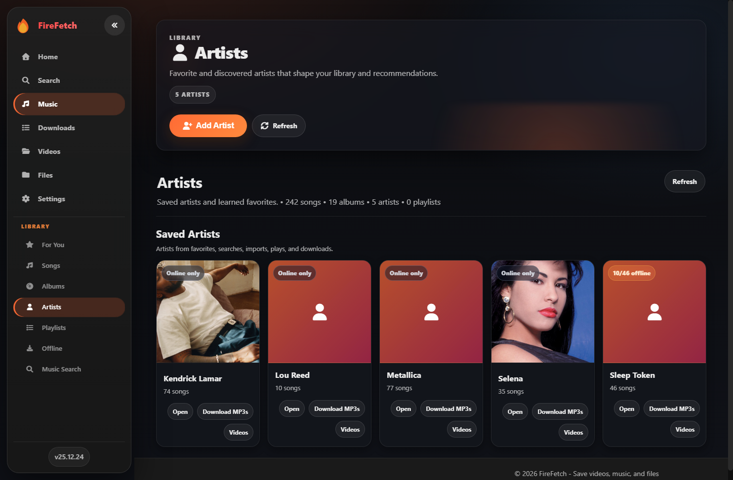 FireFetch artists page