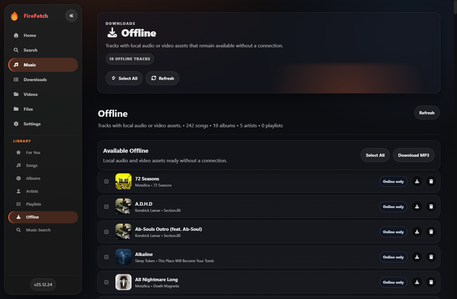 FireFetch offline music page