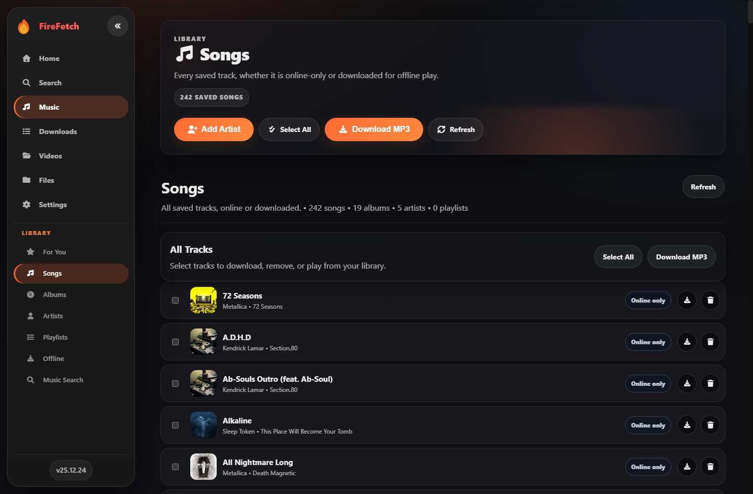 FireFetch saved songs page