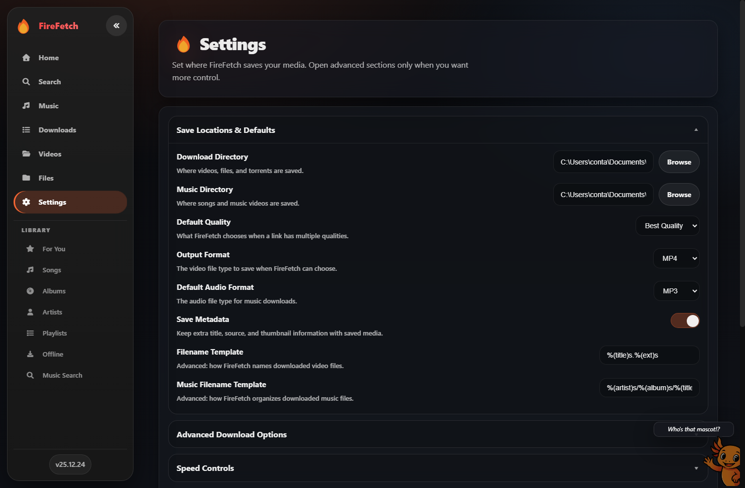 FireFetch settings page